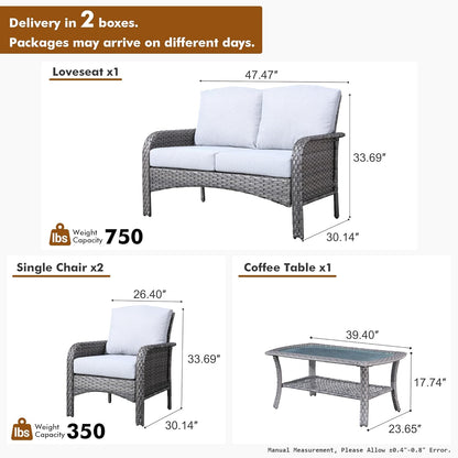 HOOOWOOO Patio Furniture Set,4 Pieces Outdoor Conversation Set,All Weather Wicker Loveseat Sofa Set with High Back Chairs Table,Light Gray
