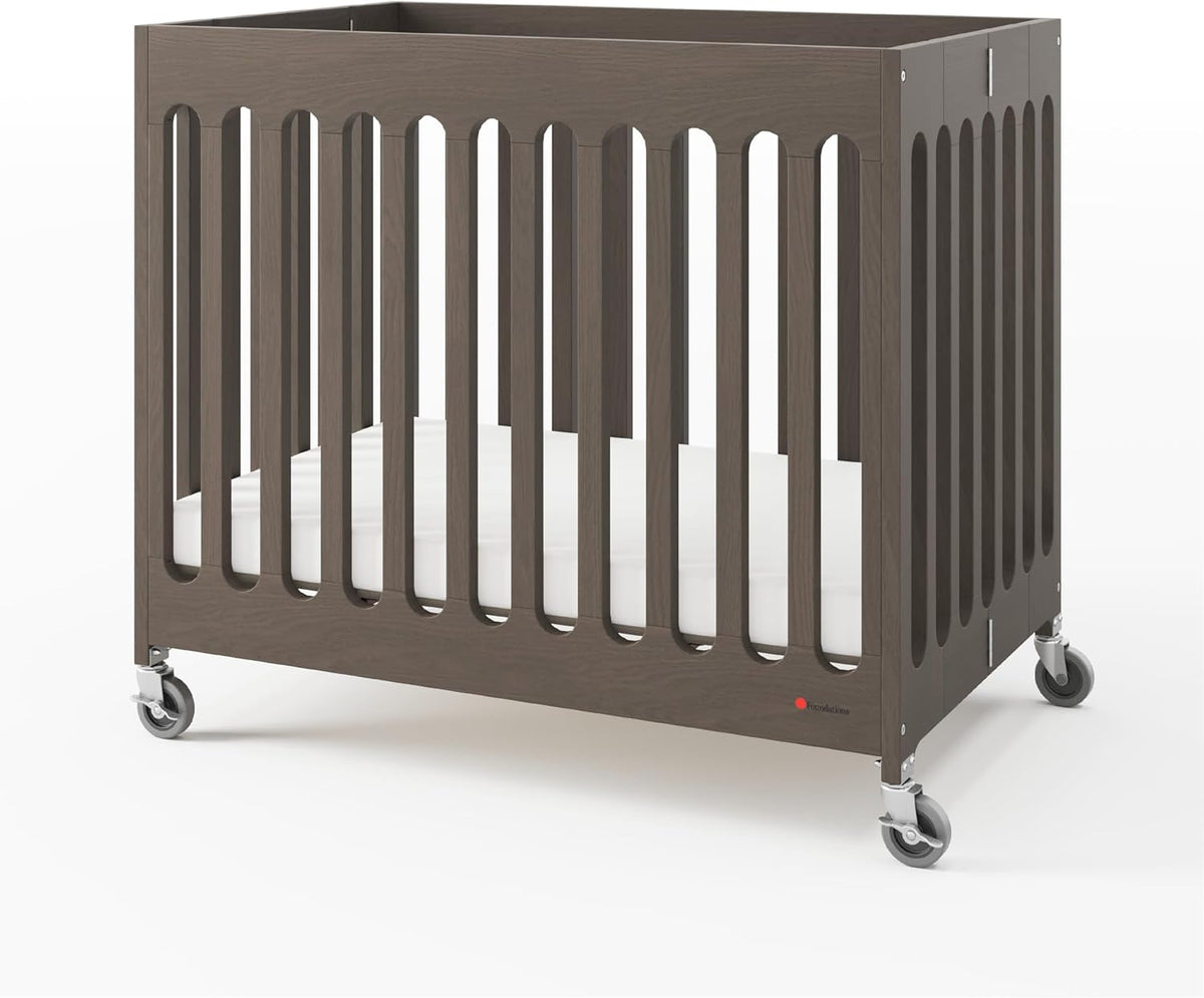 Foundations Boutique Folding Mini Baby Crib - Compact, Portable, Wooden Hotel Crib, Foldable Mini Crib for Baby & Toddlers - Includes 3" Foam Mattress, Dapper Gray