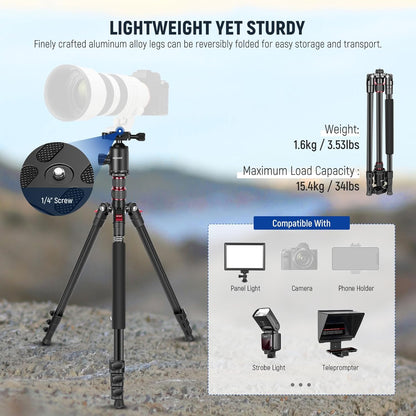 NEEWER 77” Camera Tripod Monopod with Phone Holder, Portable Travel Tripod with Remote, 360° Ball Head, 2 Axis Center Column, Arca QR Plate and Bag, Aluminum DSLR Tripod 34lb Max Load, TP77
