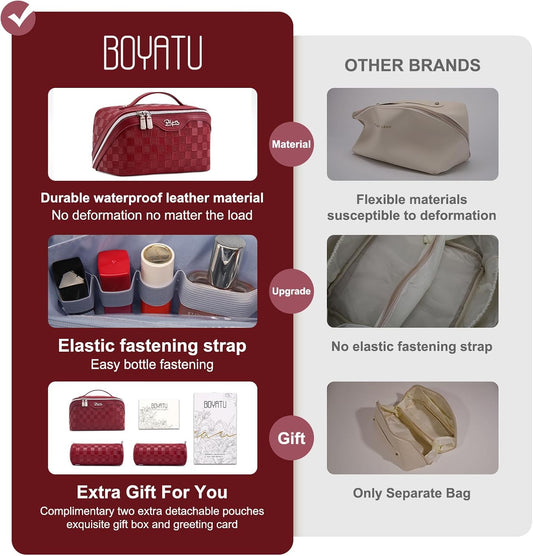 Travel Makeup Bag Organizer Cosmetic Bag: 3 Pcs Set Make up Bags for Women with Handle - Waterproof Vegan Leather Toiletry Bags with Comparments (C-11-Red)