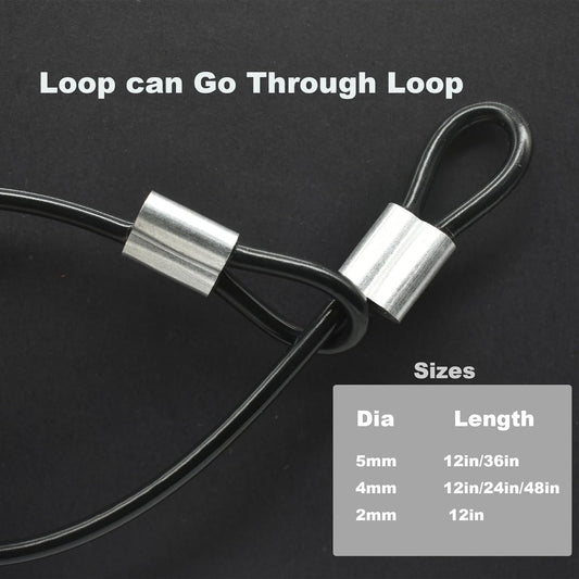 5 Pcs 4mm Wire 24 inch Vinyl Coated Stainless Steel Cable with Loops Short Wire Rope Lanyard Lock Security Chain Link for Outdoor Gates, Black(4mm x 24inch)