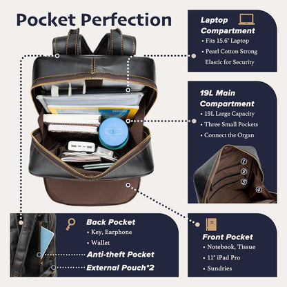 Leather Backpack for Men 15.6" Laptop Backpack 100% Madagascar top-Grain Leather Backpack Black Medium Size