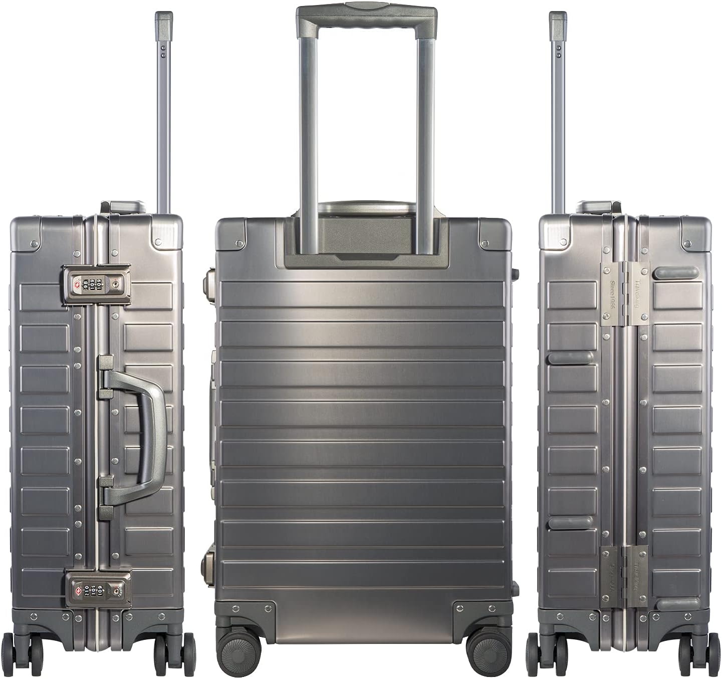 TRAVELKING All Aluminum Carry On Luggage with TSA Locks Zipperless Alloy Metal Hard Shell Spinner Suitcase (Metallic, 20 Inch)