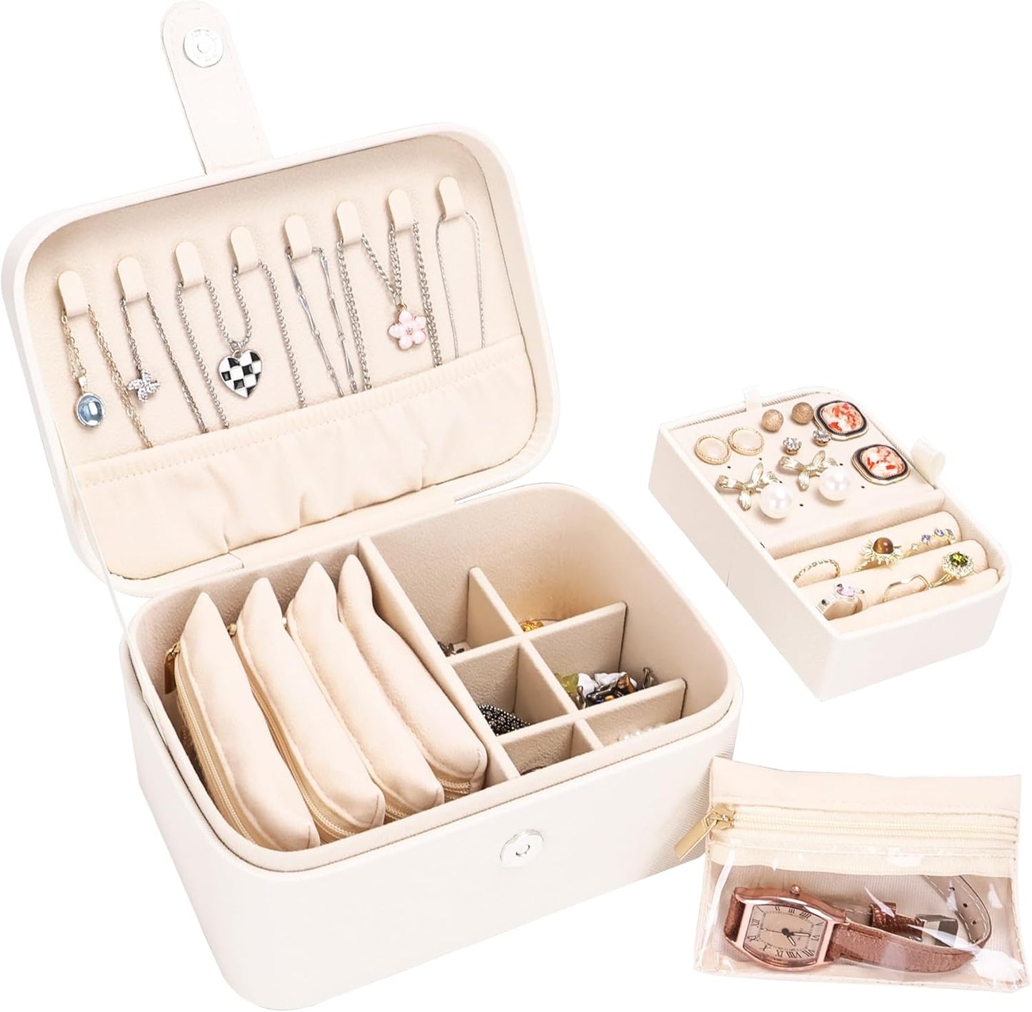 2 Layer Portable Jewelry Box, Large Jewelry Travel Case with 4 Jewelry Pouches, Medium Size Jewelry Organizer Box for Earrings, Necklaces, Bracelets (beige)