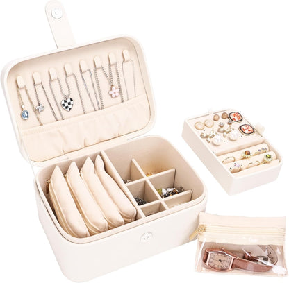 2 Layer Portable Jewelry Box, Large Jewelry Travel Case with 4 Jewelry Pouches, Medium Size Jewelry Organizer Box for Earrings, Necklaces, Bracelets (beige)