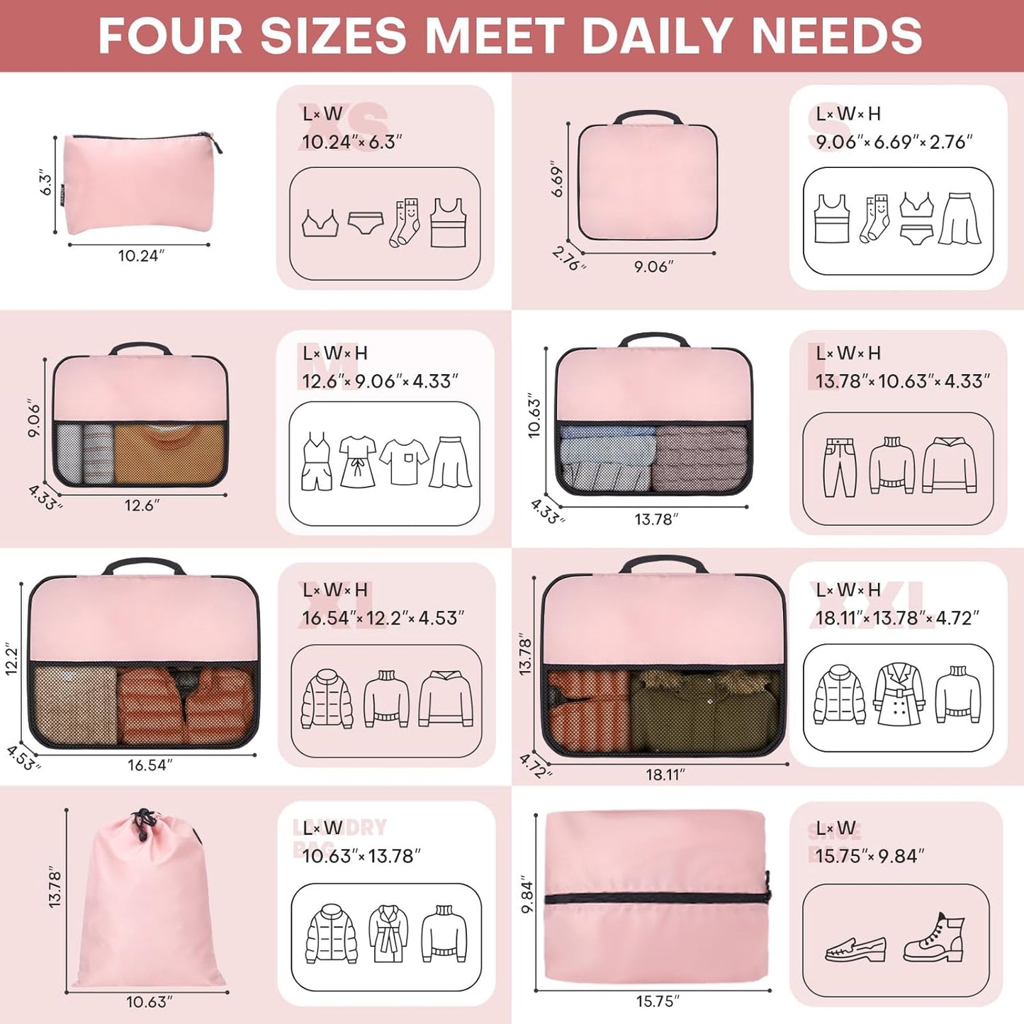 8 PCS Compression Packing Cubes for Travel Women, Compression Bags Organizer for Luggage Space Saving Travel Essentials and Carry on, Luggage Organizer Bags for Suitcase - Pink