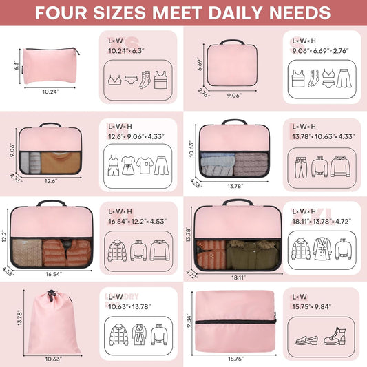 8 PCS Compression Packing Cubes for Travel Women, Compression Bags Organizer for Luggage Space Saving Travel Essentials and Carry on, Luggage Organizer Bags for Suitcase - Pink