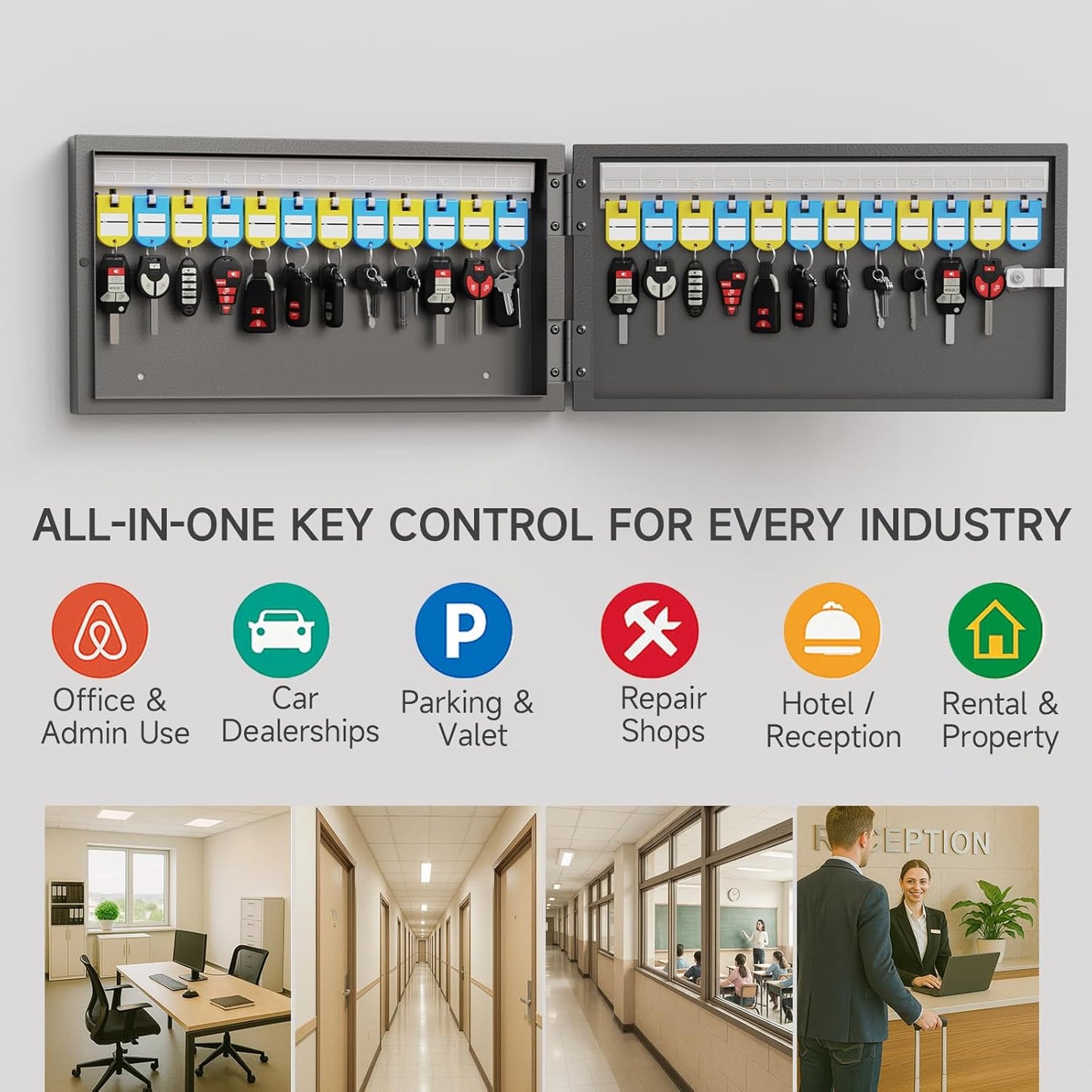 24-Key Cabinet Organizer - Key Lock Box & Safe Security Storage Holder for Valets, Hotels, Car & House Keys, Keeper Box - Black