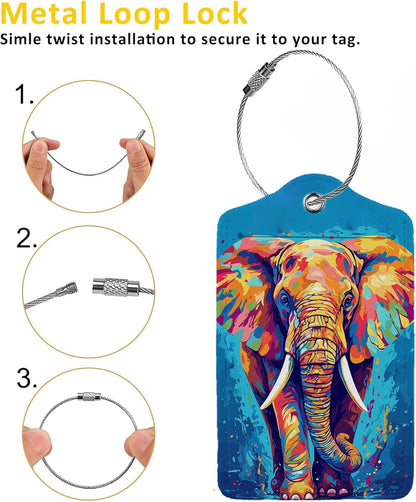 Colorful Elephant 2-Pack Luggage Tags for Suitcases,Leather Baggage Tag with Loop, Tags Private Name ID Labels for Women Girl Men Boys Travel Baggage Suitcase
