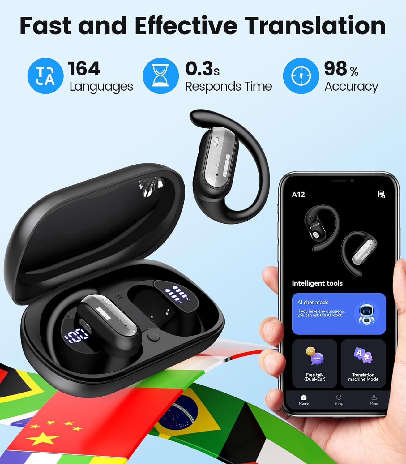 AI Translation Earbuds Real Time 164 Languages Translator Ear Buds Audifonos Traductores Inglés Español 4-in-1 Wireless Headphones Bluetooth Earphones for Travel Business Meeting Learning Black