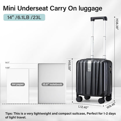 Hanke 14 Inch Underseat Carry On Luggage with Wheels Hard Shell Suitcases Carry On Bag Lightweight Small Mini Suitcase Tsa Luggage for Travel.（Jet Black）
