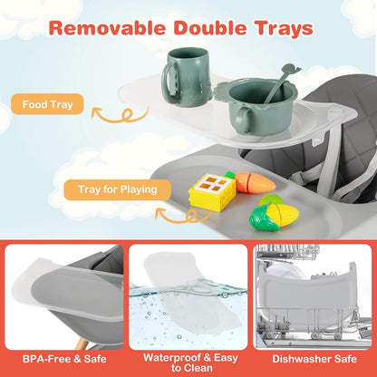 HONEY JOY Baby High Chair, 6 in 1 Convertible Wooden Highchair for Babies and Toddlers/Chair/Bar Stool, Removable Double Tray & Reversible Footrest, Safety Harness for Infant Boys Girls (Dark Gray)