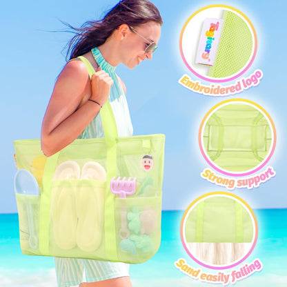 Tagitary Mesh Beach Bag with Zipper Large Beach Tote Waterproof Sandproof with 8 Pockets for Toys Pool Bag Beach Accessories