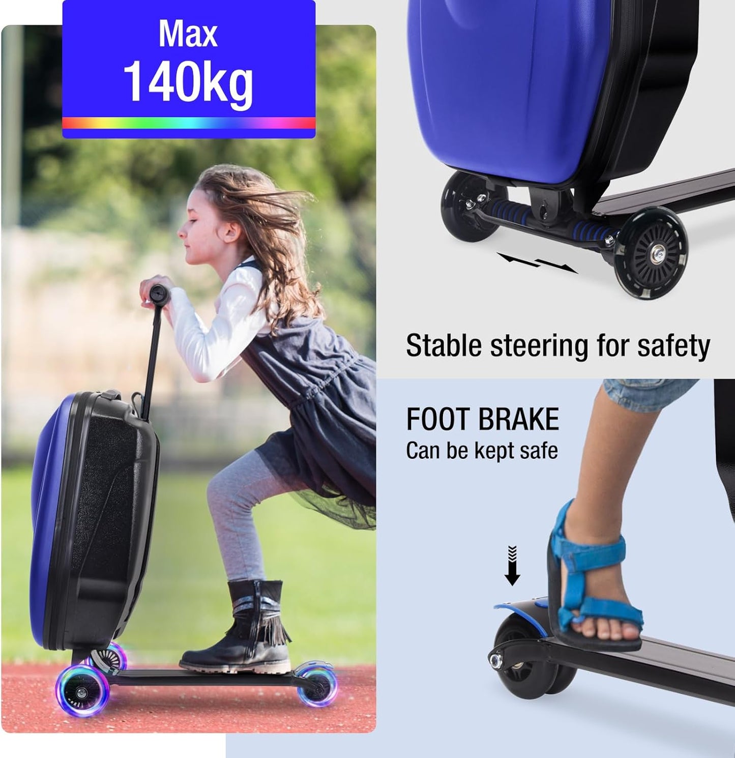 20" Scooter Suitcase for Kids, 2-in-1 Ride On Luggage with Wheels for Boys & Girls Ages 4-15, Foldable Hardshell Carry On Lightweight Travel Suitcase for Airplane (With LED, Dark Blue)