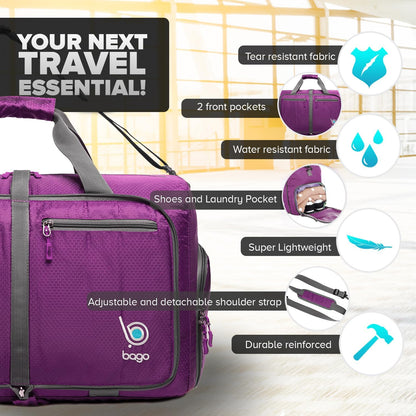 Bago Foldable Duffel Bags for Traveling Women & Men - 40L Sports Packable Duffle Bag for Travel with Shoe Compartment - Water Repellant, Heavy Duty, Lightweight Folding & Collapsible (Purple)