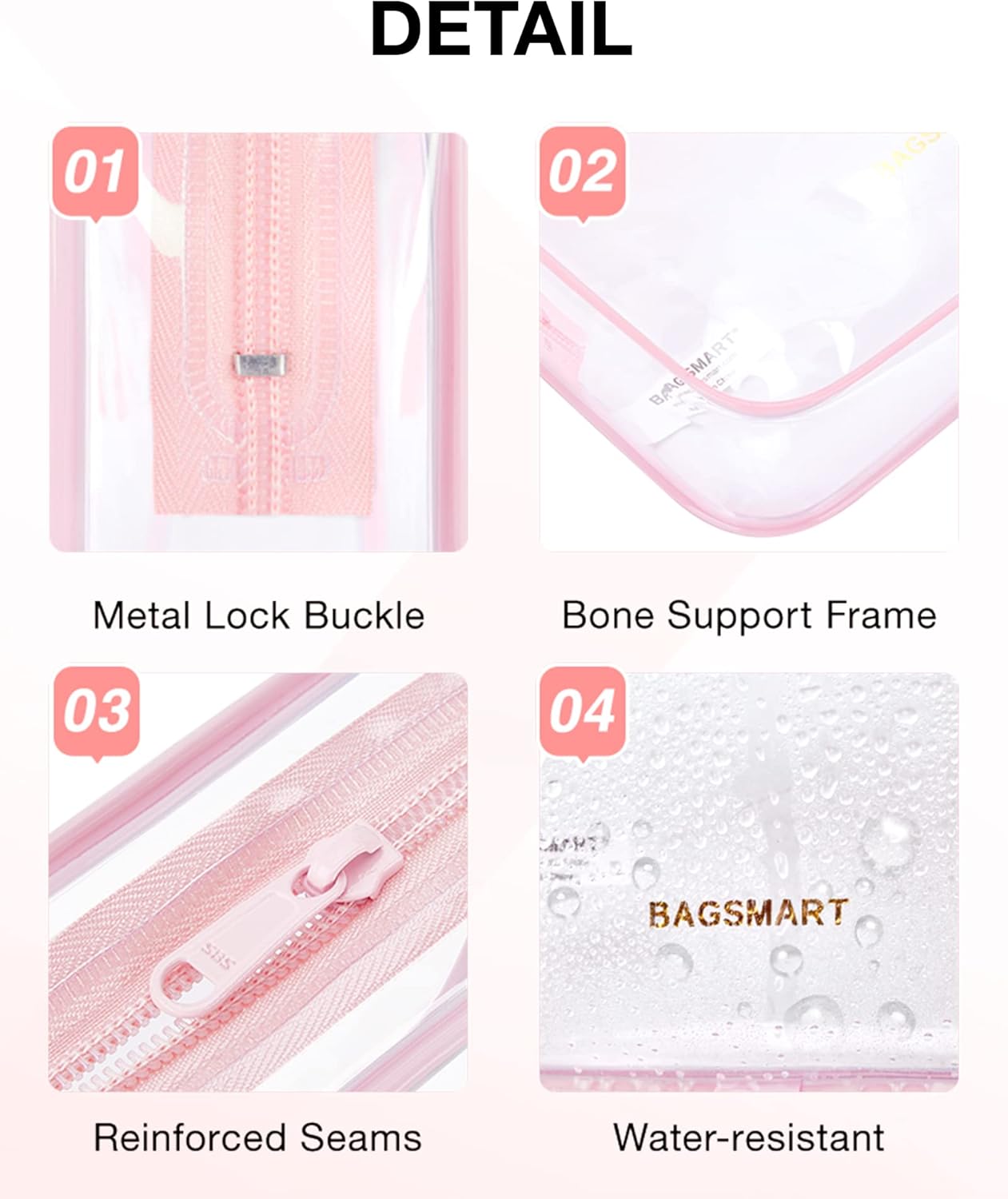 BAGSMART Clear Toiletry Bag, 3 Packs TSA Approved Water-resistant Quart Size Travel Organizer, Airport Airline Travel Essential Carry-On Makeup Cosmetic Bags for Women, Pink