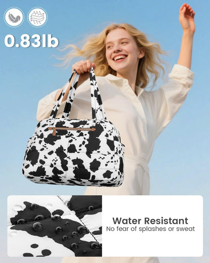 Travel Duffle Bag,Puffer Carry On Duffel Bag with Laptop Compartment Waterproof Overnight Weekender Bags for Women Large Hospital Tote Bags for Labor and Delivery(Medium,Cow Print)