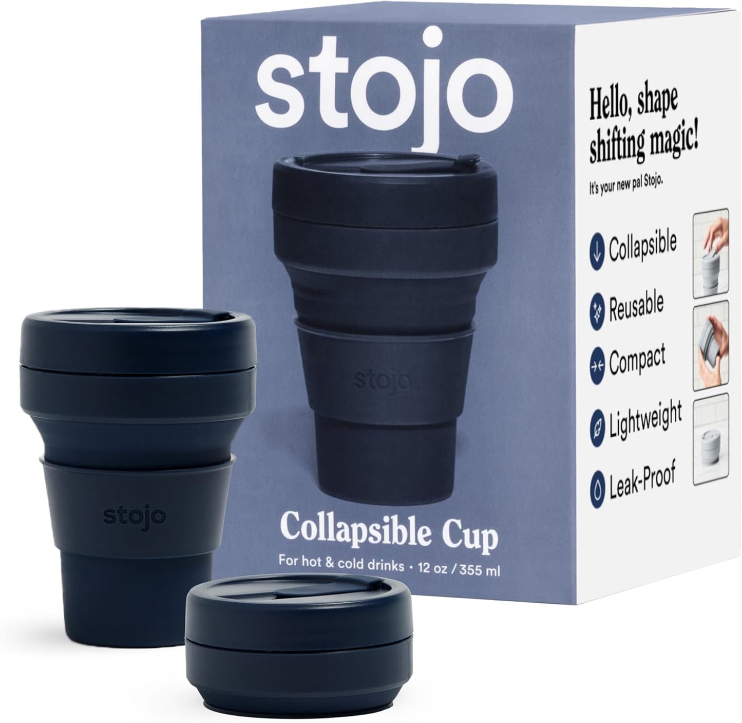 STOJO Collapsible Travel Cup - Reusable To-Go Pocket Size Silicone Bottle for Hot and Cold Drinks - Perfect for Camping - Microwave & Dishwasher Safe (Denim, 12 Ounce (Pack of 1) - No Straw)