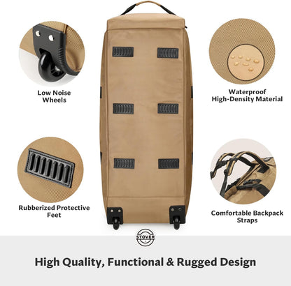 STOVER 80L Rolling Duffel Bag with Wheels, Large 31 Inch Durable Travel Duffle Bag + Toiletry Bag, Heavy Duty, Packable, Foldable w/Shoulder Straps- Use as Luggage or Backpack, Men/Women (Tan)