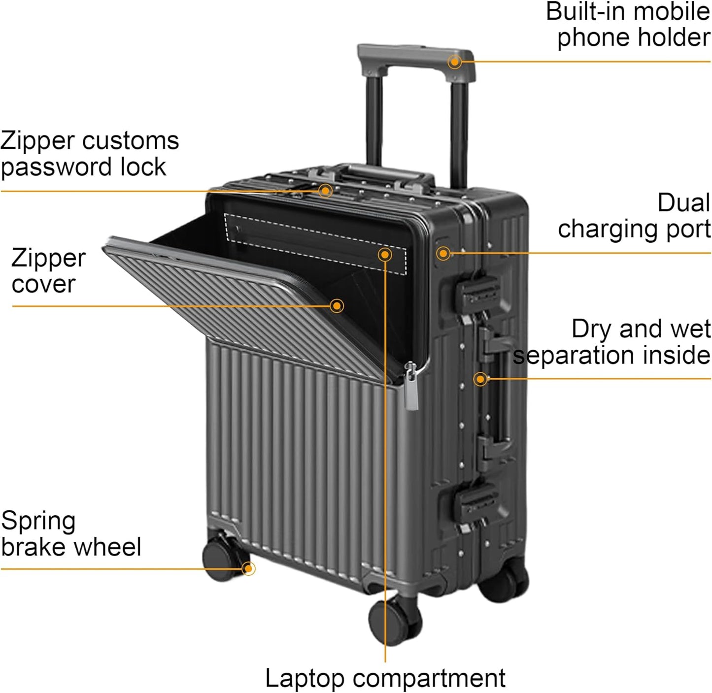 Zipperless Luggage, 22x14x9 Aviation Certified, Polycarbonate Aluminum Hardshell, Expandable Carry-On Luggage with Spinner Wheels, Hardshell Luggage, 20 Inch Cabin