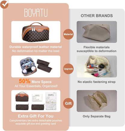 BOYATU Travel Makeup Bag Cosmetic Bags for Women: 3 Pcs Set Large Portable Make up Bag with Handle - Vegan Leather Toiletry Bags with Compartments - Makeup Organizer for Travel Essentials(01-Coffee)