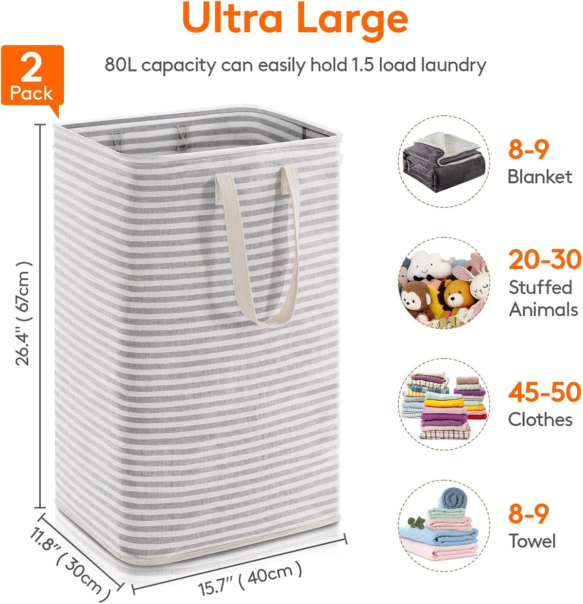 Lifewit 2 Pack Laundry Hamper Large Collapsible Laundry Baskets, Freestanding Waterproof Clothes Hamper with Easy Carry Handles in Laundry Room Bedroom Bathroom College Dorm for Adults, Grey, 2 x 80L