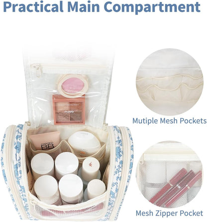 Narwey Hanging Toiletry Bag Women Travel Makeup Bag Organizer Toiletries Bag for Travel Size Essentials Accessories Cosmetics (Medium,Little Blue Flower)