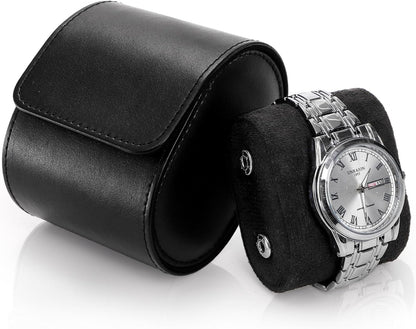 Leather Travel Watch Case, Single Watch Gift Box with Pillow, Portable Jewelry Watch Storage Roll Organizer Carrying Case for Display, Men, Women, Luxury Black