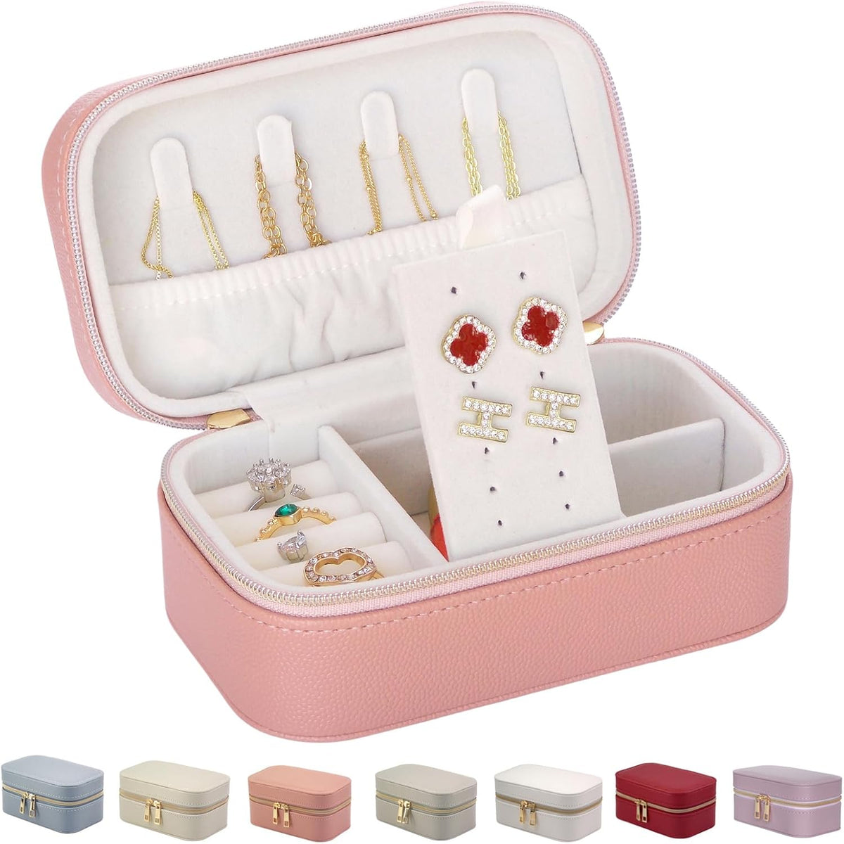 Small Jewelry Travel Case For Womens Small Rectangle PU Leather Jewelry Box With Zipper 2.56" H Portable Travel Jewelry Case For Earring Rings Necklaces Bracelets Pink Jewelry Gifts Box