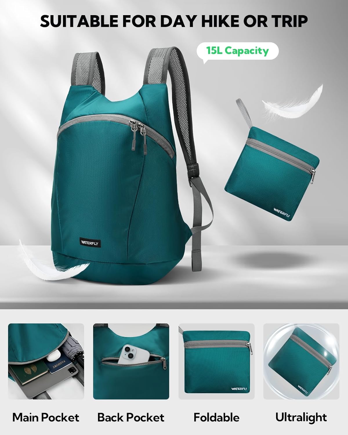 WATERFLY Foldable Lightweight Hiking Backpack: 15L Packable Traveling Daypack Men Women Ultralight Thin Casual Day Pack Bag for Outdoor Sports Camping Beach Park (Green)