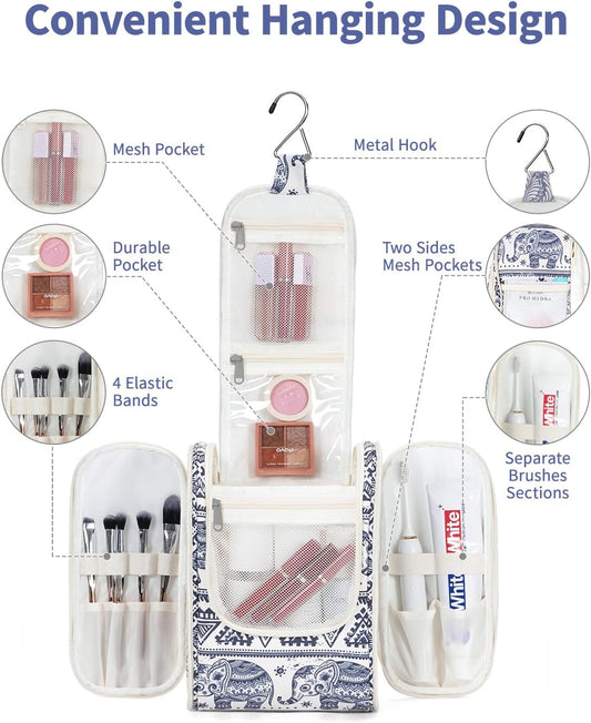 Narwey Small Hanging Toiletry Bag Women Travel Makeup Bag Organizer Toiletries Bag for Travel Size Essentials Accessories Cosmetics (Medium, Elephant)