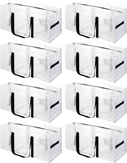 8 Pack Heavy Duty Extra Large Moving Bags with Black Handles, Waterproof Foldable Storage Totes,Clothing Storage Bags,Packing Moving Boxes for College Supplies & Seasonal Storage,Clear