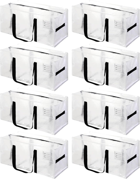8 Pack Heavy Duty Extra Large Moving Bags with Black Handles, Waterproof Foldable Storage Totes,Clothing Storage Bags,Packing Moving Boxes for College Supplies & Seasonal Storage,Clear