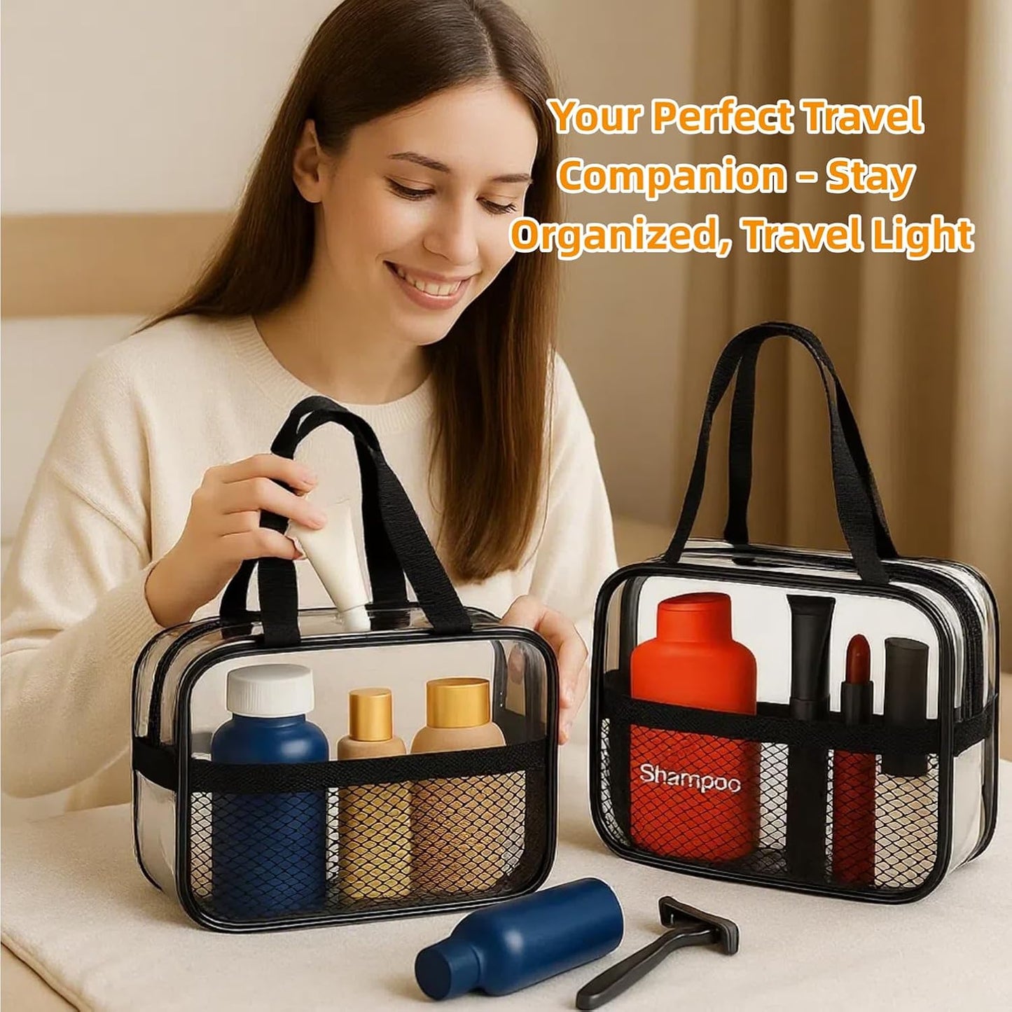 XEWEA 2PCS Small TSA Approved Clear Travel Toiletry Bags for Men Women,Transparent Makeup Cosmetic Bag with Handle,Waterproof PVC Quart Organizer Storage Pouch for Toiletries Airline Essential, Balck