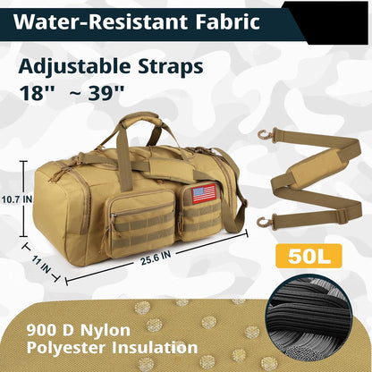 Tactical Gym Bag for Men，50L Large 3 in 1 Sports Duffle Bag with Shoes Compartment for Travel,Water Resistant Travel Backpack Weekender Overnight Bag with Wet Pocket for Women