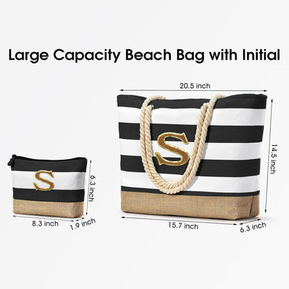 Becokan Beach Bag Initial Beach Tote with Makeup Bag for Travel Work Storage Personalized Birthday Gifts for Women Her