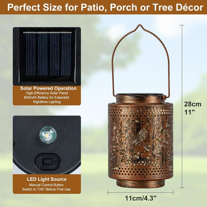 2 Pack Solar Lanterns Outdoor Waterproof Hummingbird and Iris Hanging Garden Lights with Metal Build Decorative Warm Light Solar Lamps for Patio Yard Gifts for Women