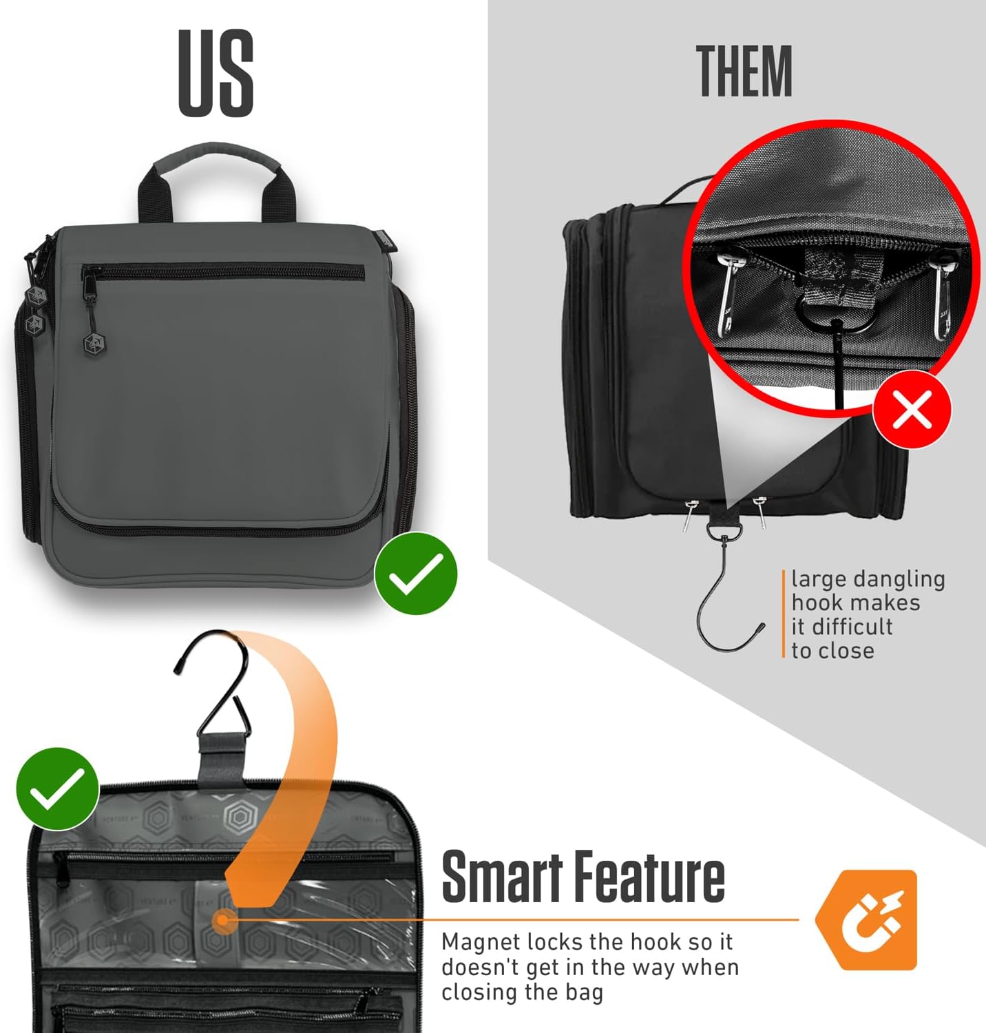 VENTURE 4TH Hanging Travel Toiletry Bag for Women & Men - Travel Organizer with Expandable Compartments & Removable Clear Pouch for Toiletries (Shadow Gray)