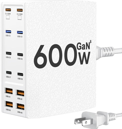 USB Charging Station (600W),12-Port USB C Charger Block with Dual 100W PD USB-C Fast Charging Station Hub for MacBook Pro/Air/All iPad Phone 17/16 15/14/13/Pro Max/Samsung Galaxy Note(White)