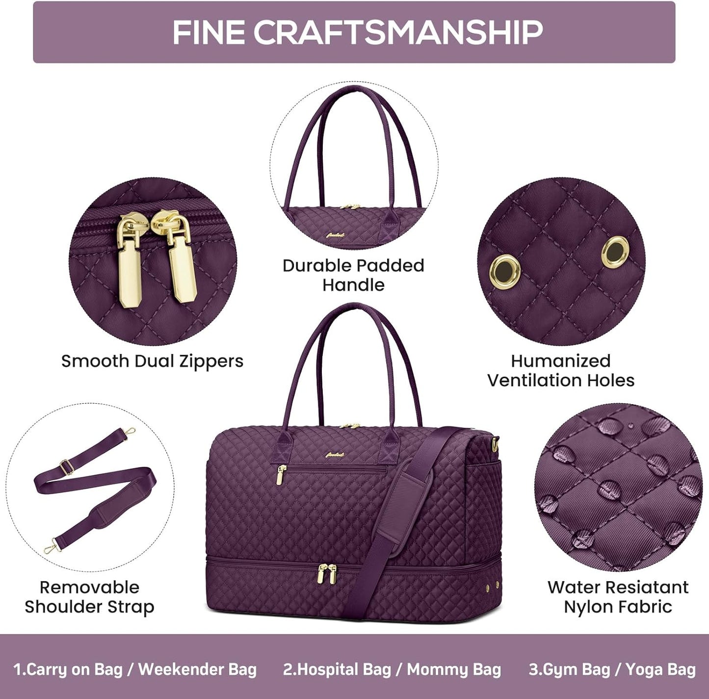 Travel Duffle Weekender Bags for Women - Carry on Overnight with Shoe Compartmen Duffle Bag Hospital Bag Dark Purple