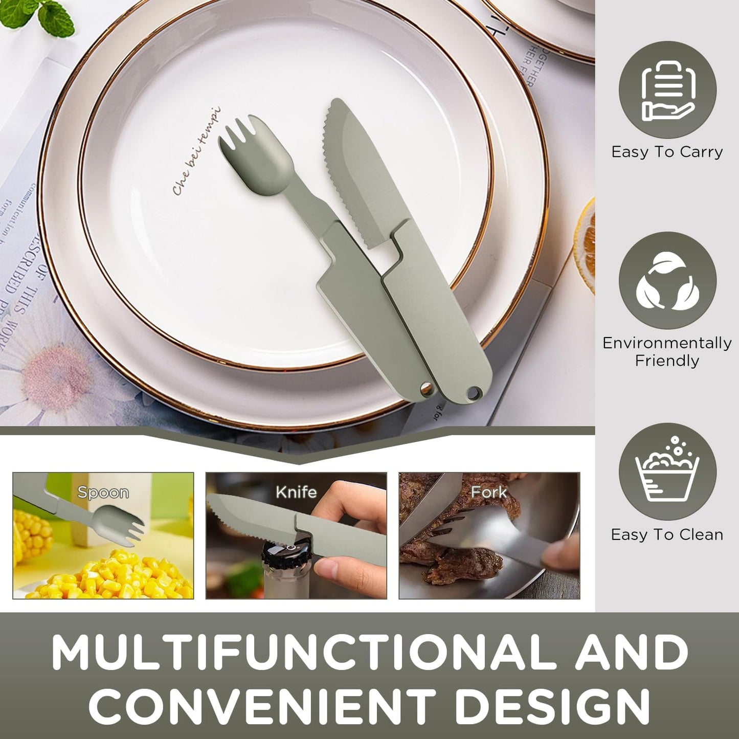 Kopak 2 in 1 Camping Eating Utensils Set,Reusable Magnetic Camping Utensils Set,Portable Detachable Pocket Combination Knife,Fork and Spoon Tool for Fishing Travel Outdoor Survival