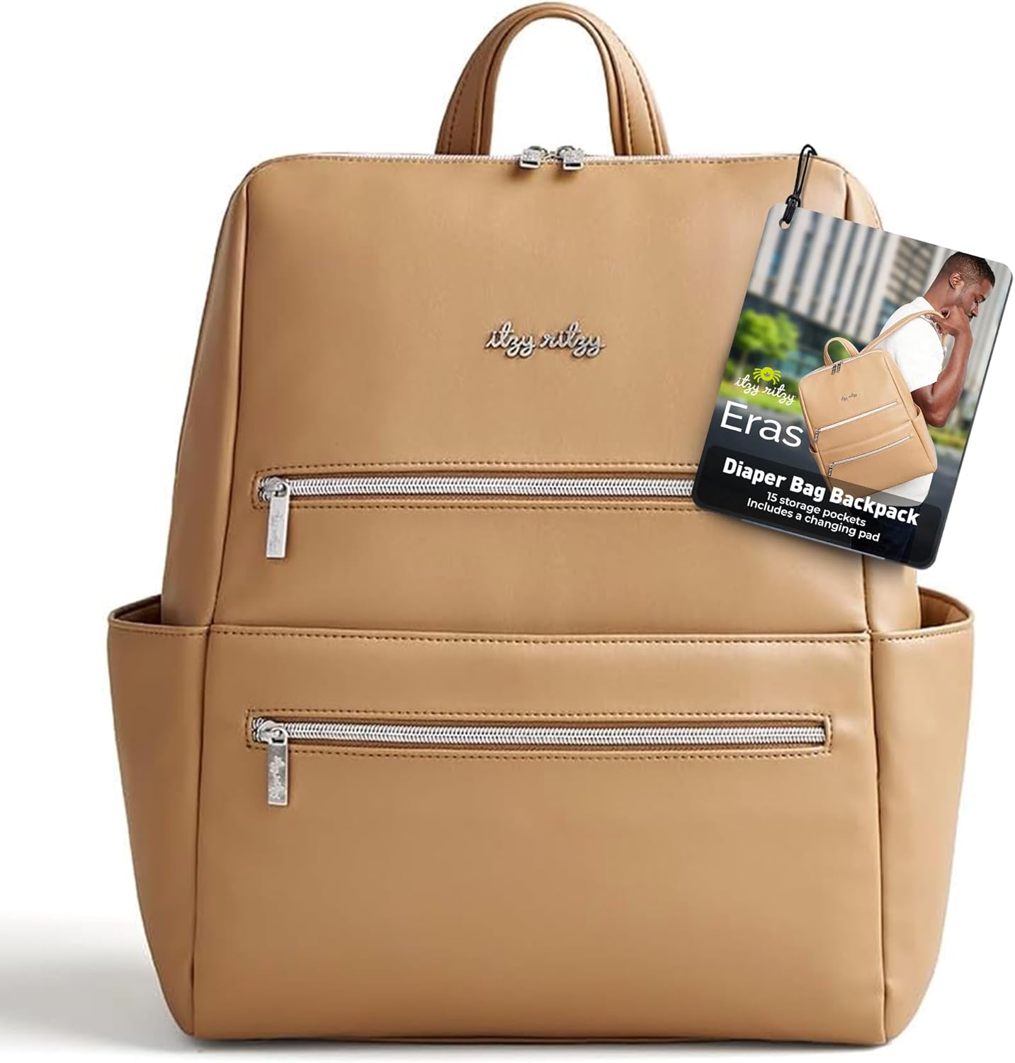 Itzy Ritzy Eras Diaper Bag Backpack – Large Capacity Backpack Diaper Bag Featuring Sleek Design, 15 Pockets, Changing Pad, Stroller Straps, and Luggage Sleeve (Chai)