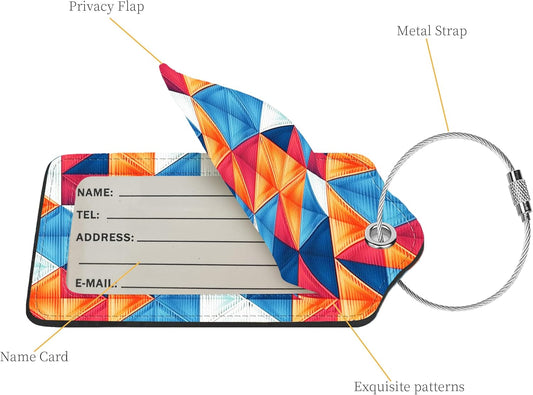 2 Pcs Luggage Tags for Suitcases,PU Leather Cruise Ship Luggage Tags with Privacy Cover Label Address Card and Durable Metal Ring Suitable for Men Women Handbags Backpacks,Colorful Triangles
