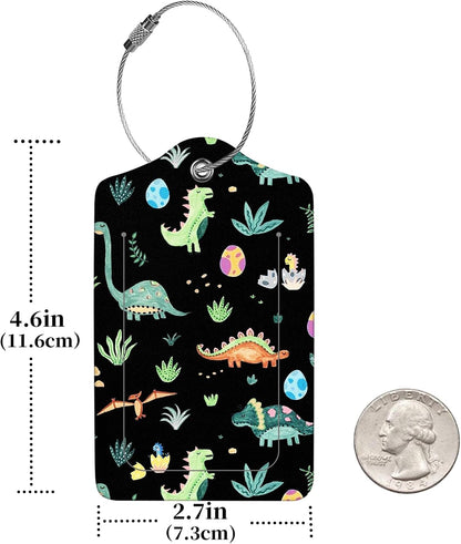 2 Pcs Luggage Tags for Suitcases, PU Leather Cruise Ship Luggage Tags with Privacy Cover Label Address Card and Durable Metal Ring Suitable for Men Women Handbags Backpacks Schoolbag,Small Dinosaur
