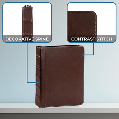 Samsill Vintage Leather Mini 3 Ring Zipper Binder, 1 Inch Round Ring Capacity (Holds 200 Sheets), 5.5 x 8.5 Inch Documents, Notebook Organizer, Planner, Brown with Contrast Stitching