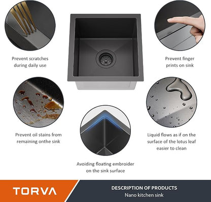 TORVA 14 x 14 Inch Gloss Black Undermount Kitchen Sink, PVD Coated Gunmetal - Image 5