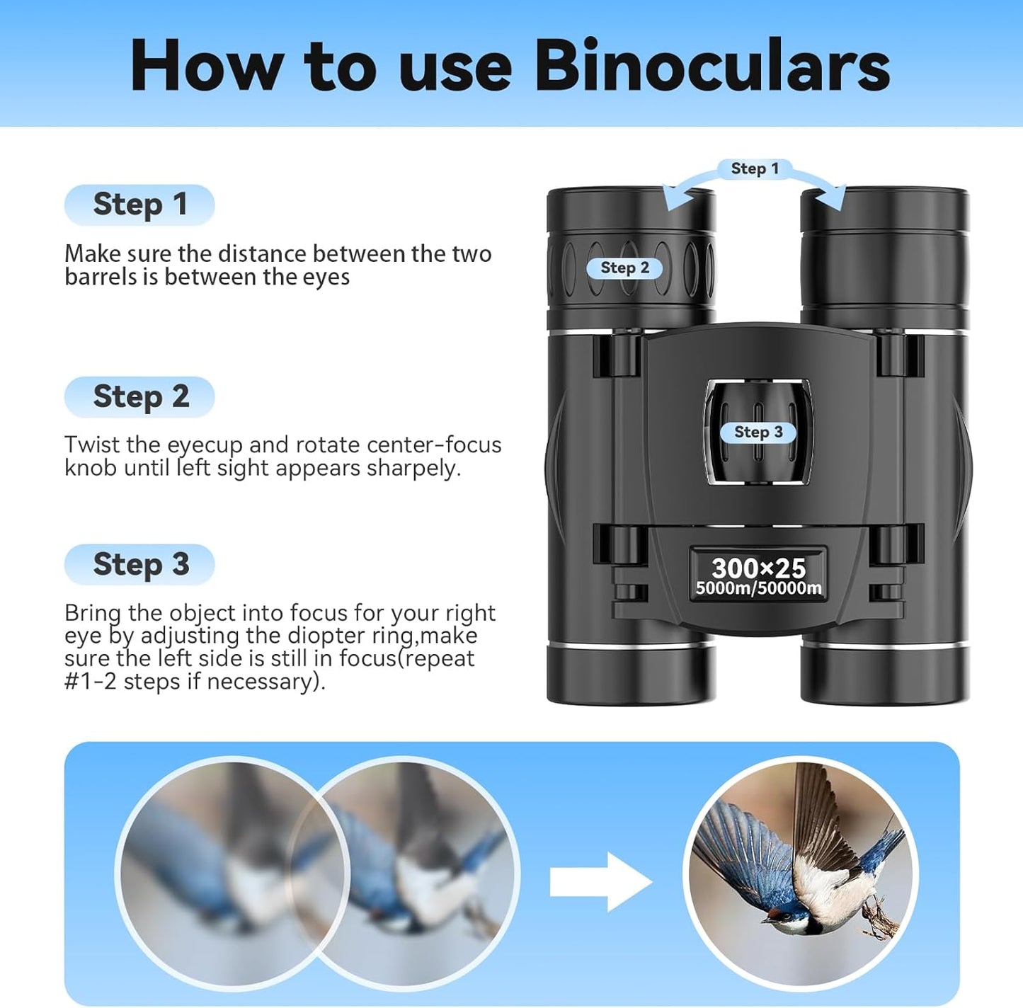 300x25 Binoculars for Adults and Kids, High Powered Mini Pocket Binoculars with Phone Adapter, Waterproof Compact Telescope for Bird Watching, Hunting, Concert, Theater, Opera, Traveling, Sightseeing