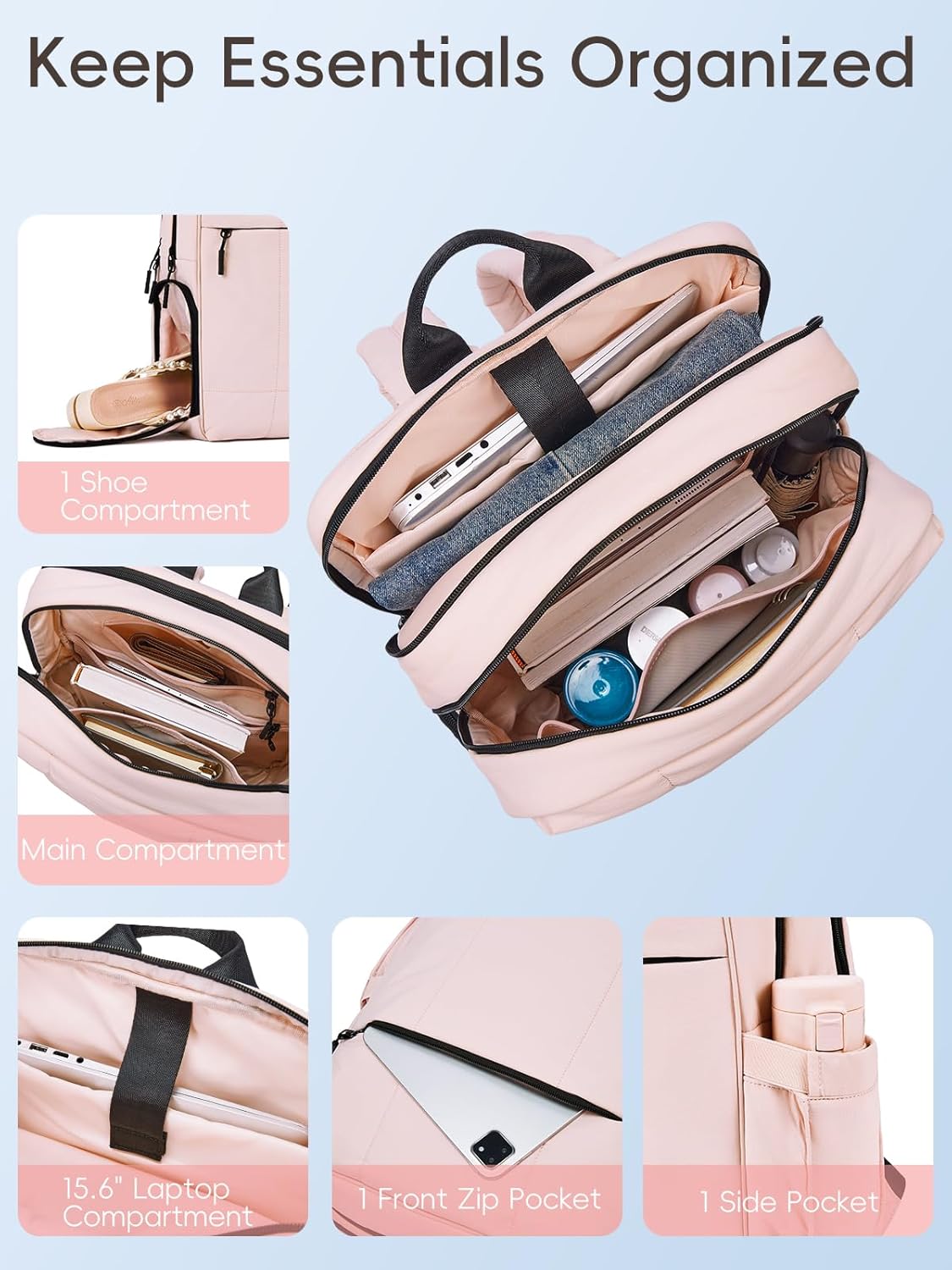 CLUCI Lightweight Travel Backpack Carry on Flight Approved, Puffy Gym Backpack with Shoe Compartment, Personal Item Travel Bag, 15.6 inch Laptop Backpack for Weekender Business