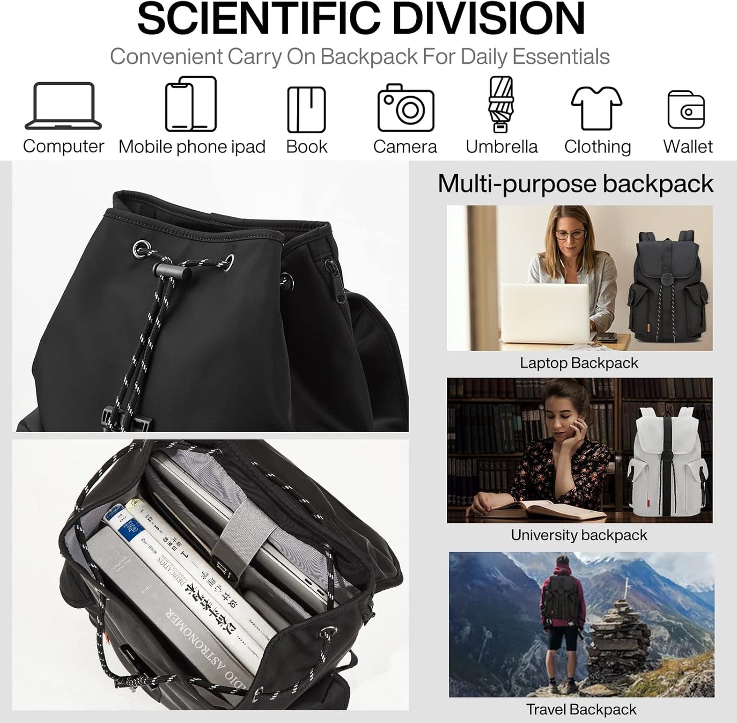 mixi Travel Laptop Backpack for Women & Men Carry On Backpack fits 16'' Laptop, Waterproof Lightweight Casual Hiking Weekender Bags Rucksack,17 Inch, Knight Black