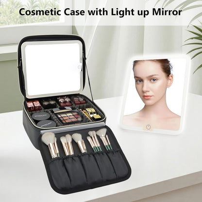 Travel Makeup Bag with LED Mirror Travel Makeup Organizer with 3 Lighted Settings, Adjustable Dividers and Makeup Brush Storage Bag Black